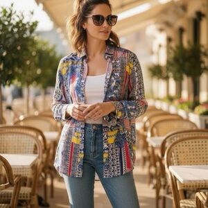 J. MCLAUGHLIN BRIT LINEN TROPICAL PRINT BUTTON UP SHIRT